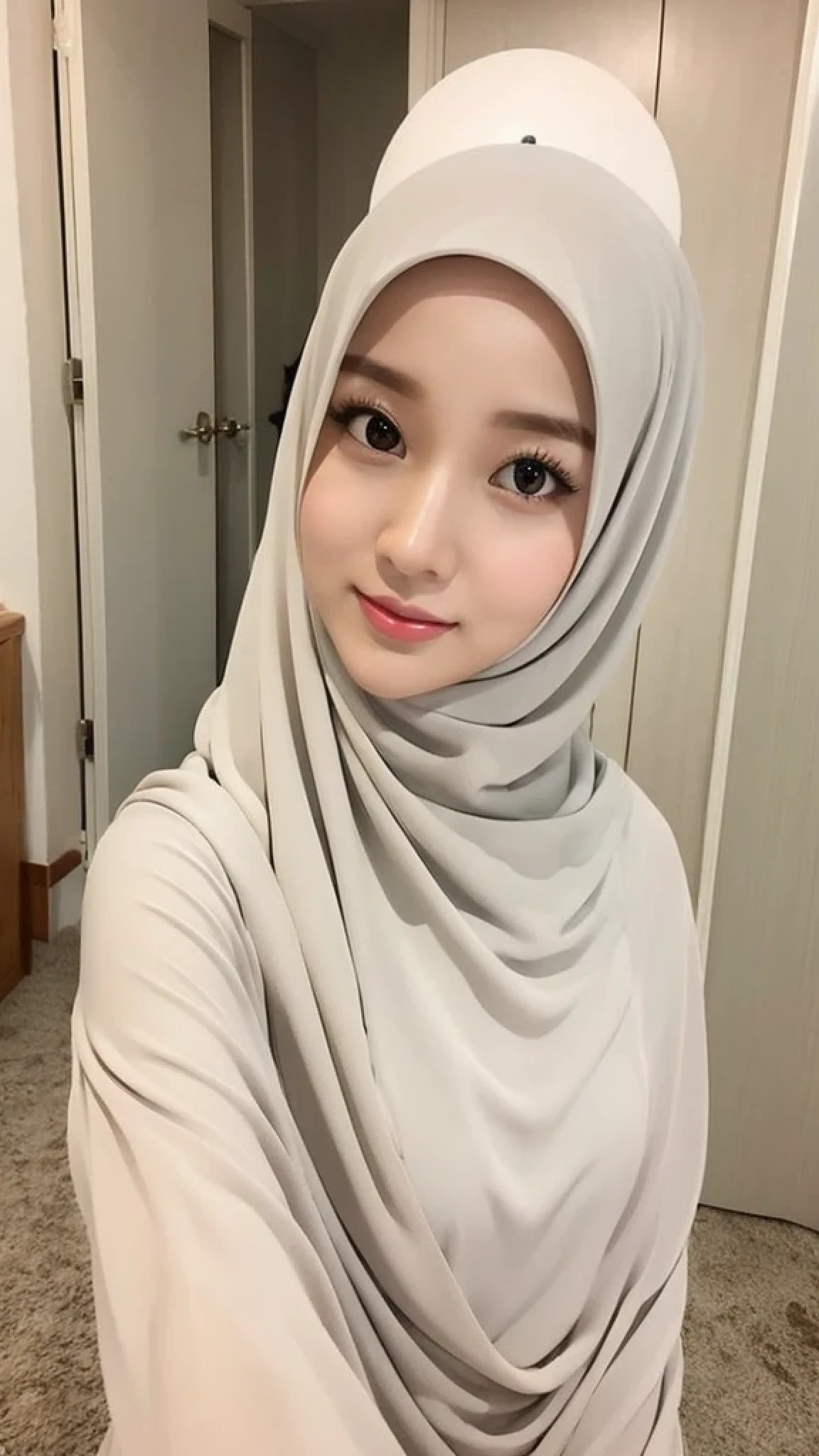 Beautuful Women、hijab, indonesian, realistic, a room、selfee、White Room、The face is cute、Vanrak Ayyans appears. beautiful、alone