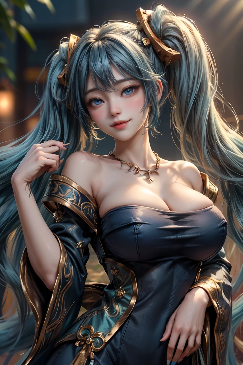 unparalleled masterpiece, ultra realistic 8k CG, perfect artwork, ((perfect female figure)), (((1girl))), (((solo girl))), (ulzzang-6500:1), kpop idol, best quality, (looking at viewer:2),game cg,\nblurry background,outdoors,((( large breast,upper body,smile))) Sona \\(league of legends\\), (((blue hair))), blue eyes, gradient hair, collarbone, twintails, hair ornament, long hair, blue dress, breasts, close-up, portrait,hair ornament,necklace, jewelry,gold trim on clothes,Beautiful face,