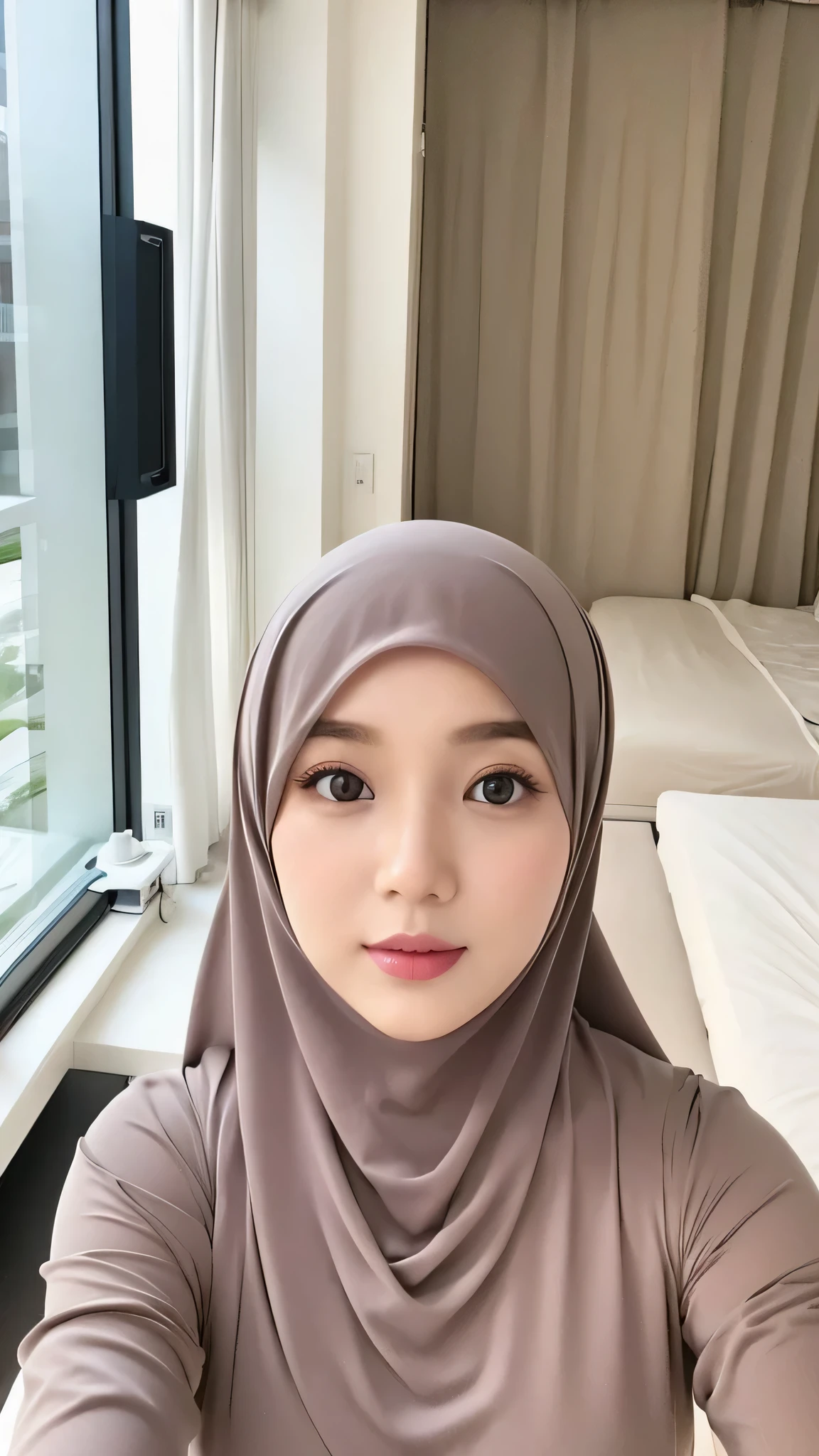 Beautuful Women、hijab, indonesian, realistic, a room、selfee、White Room、The face is cute、Vanrak Ayyans appears. beautiful、alone