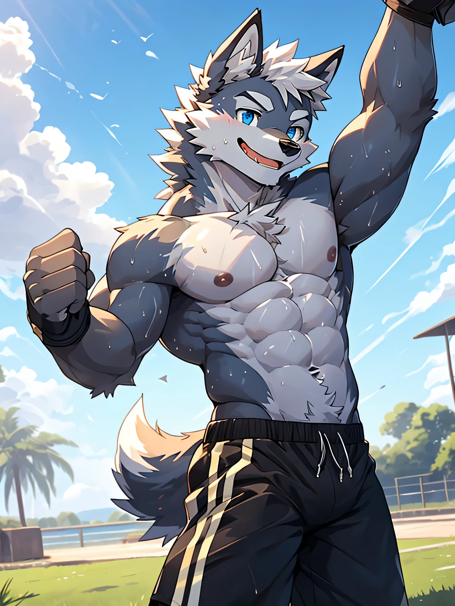 Furry,solo,shota,Outdoor,sunny,sky,happy,cute, A wolf with white fur and Grey on its body,blue eyes, black eyebrows,without clothes,Grey nipples,Wear exercise shorts,There is clearly sweat on the body,The crotch of the pants is clearly bulging,Smiling faces,(Maximum fineness,Dynamic HDR,8K)