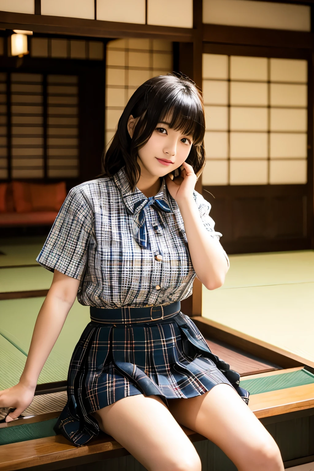 masterpiece、highest quality、cinema、(cute japanese woman、bangs:1.3)、、1 girl、elegant、samurai residence、Japanese style room, sitting on the tatami, (detailed background), plaid skirt, shirt, Huge breasts peeking out a little through the shirt, loafer shoes, The background is blurred, blurry, holding, tartan check, short sleeve, jk ribbon on neck, jk ribbon, black hair, bangs, pleated skirt, Depth of the bounds written