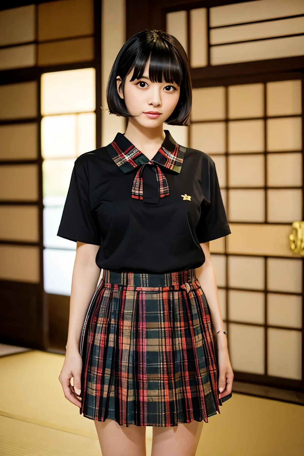 masterpiece、highest quality、cinema、(cute japanese woman、bangs:1.3)、23 years old、1 girl、elegant、black hair、samurai residence、tatami、Japanese style room, Midsummer,tatamiの上に座っている, (detailed background), sweating,plaid skirt, shirt, Huge breasts peeking out a little through the shirt, loafer shoes, The background is blurred, blurry, holding, tartan check, short sleeve, jk ribbon on neck, jk ribbon, black hair, bangs, pleated skirt, Depth of the bounds written