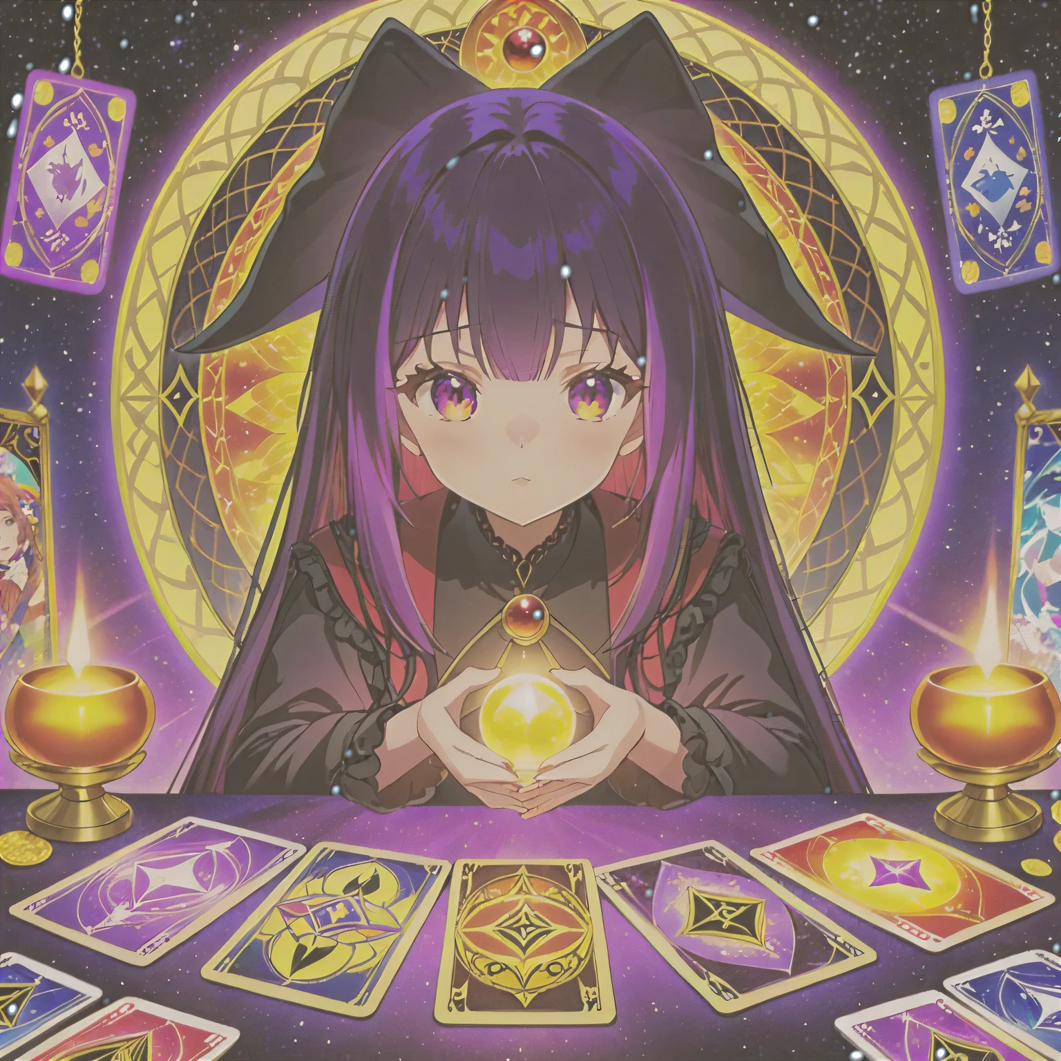 A frame from the anime about the witch and Tarot Cards, bright and colorful, modern anime, fortune telling on Tarot Cards, Tarot Cards Anime