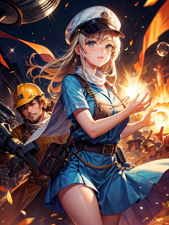beautiful girl,miner,beautiful gemstones,bright mine,with many other workers,professional miner