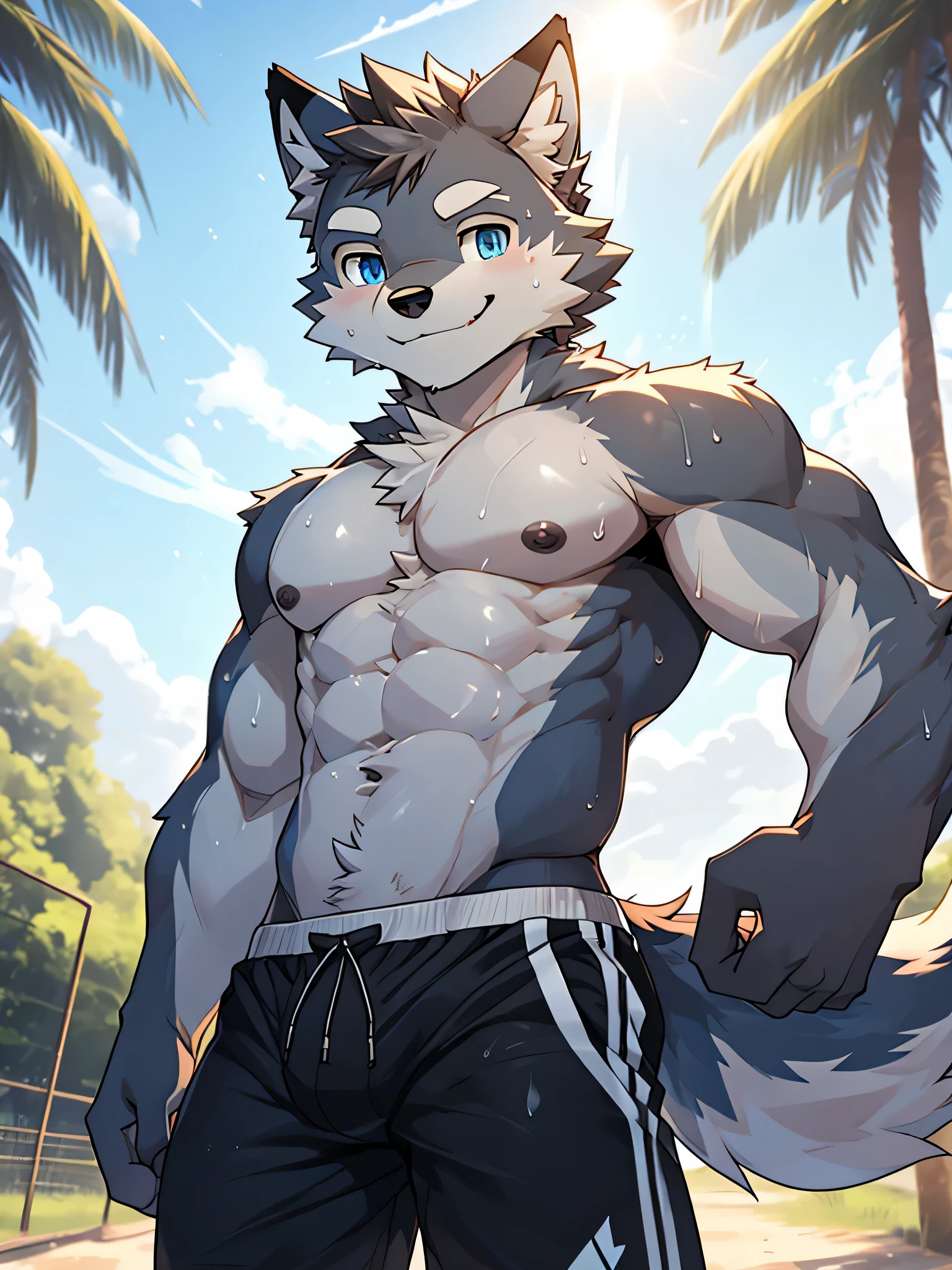 Furry,solo,shota,Outdoor,sunny,sky,happy,cute, A wolf with white fur and Grey on its body,blue eyes, black eyebrows,without clothes,Grey nipples,Wear exercise shorts,There is clearly sweat on the body,The crotch of the pants is clearly bulging,Smiling faces,(Maximum fineness,Dynamic HDR,8K)