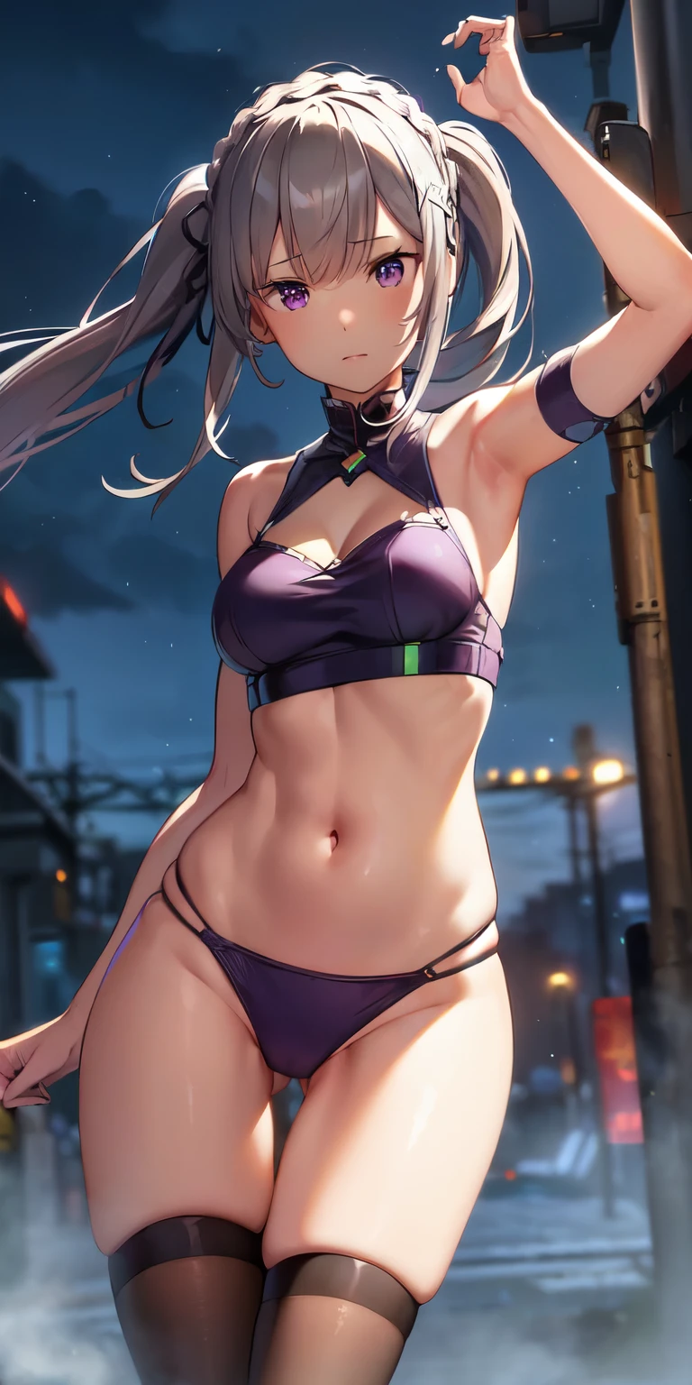 (((professional: step by step, considering even the smallest detail god level final result))):Emilia re:zero, purple eyes, Emilia, crown braid, x hair ornament, flower hair ornament, white hair, long hair, medium breasts, and two pigtails above her ears, 50% Revealing clothing, Show skin, ((Rave short shirt, very Low-cut shirt, Rave cowboy miniskirt, Visible thong straps)), (with a rave outfit:1.2, 30% Rave clothing), (Detailed outfit, Detailed clothing), (sexy walking pose), Solo focus, embarrassed, centered, Scale to fit dimensions, Rule of thirds, ((Night view)),(cyberpunk night street Background: 1.3, dark sky, alley,  alley, clouds thick, Background with intricate details), (Best quality),(high resolution),(Sharp focus),(full intricate details),(Very high quality artwork),(very fine 8K CG),((perfect piece) ), (((Masterpiece))), illustration, vibrant colors, high contrast, selective lighting, double exposure, HDR (high dynamic range), Post-processing, Background blur, transparent drees"
