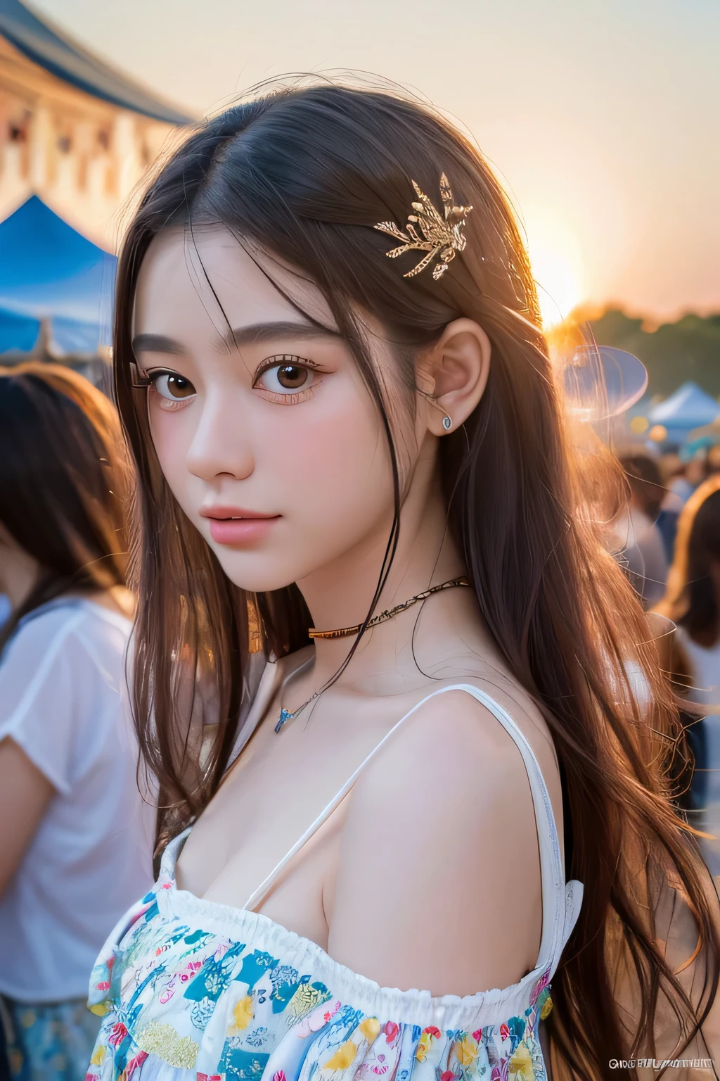 (8k, highest quality, ultra detailed:1.37), (Athena), 18yo, (a free-spirited Javanese girl), embraces the bohemian festival atmosphere. She wears a summer dress. The high-resolution image captures ultra-detailed realism, highlighting Athena's captivating eyes, long eyelashes, and smooth complexion. The vibrant festival setting adds an energetic and colorful backdrop to showcase Dina's carefree and artistic personality.