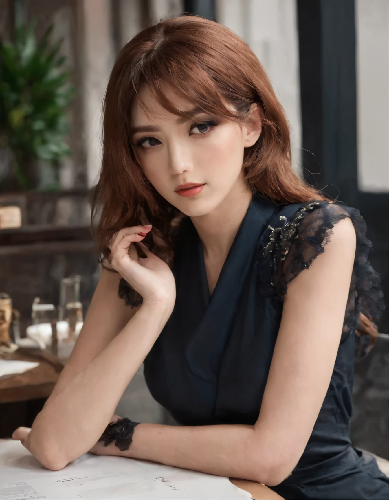 2010s fashion, Gros plan moyen, Canon EF 85mm f/1.2L II USM, A woman was sitting in a café. There was coffee on the table. His hands were under the table, asiatique aux cheveux noires, Focus on facial expression, Mode de rue