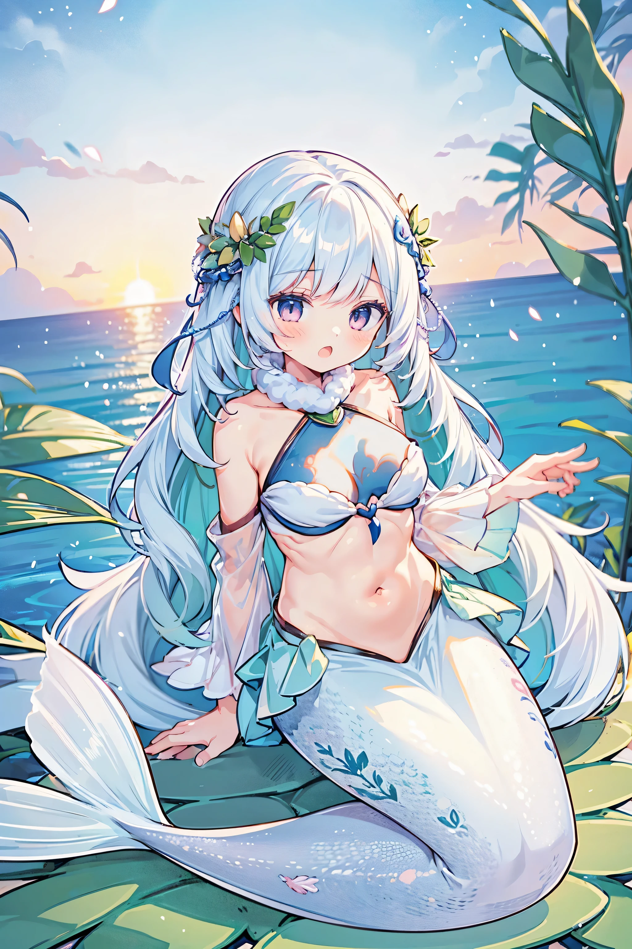 masterpiece, best quality,a girl,big breasts,Mermaid,white mermaid tail,full-body shot,beach,sea view,sit on the beach,Open your mouth and sing,charming face(kawaii, charming,soft)