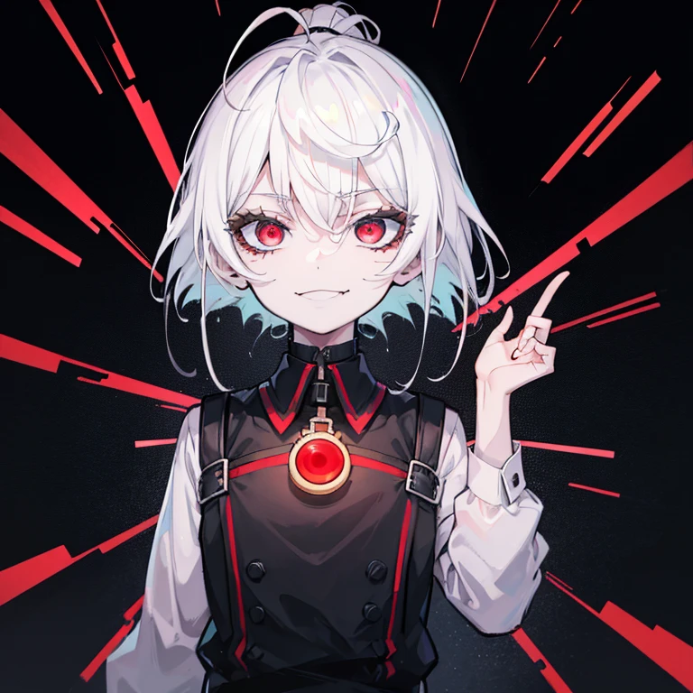 (painting:0.9), 1girl, Black Office Shirt , black choker, White hair, short hair, Black lipstick, com.starsector, black background, neck tattoo, Red eyes, Smug facial expression, pale face, a smile