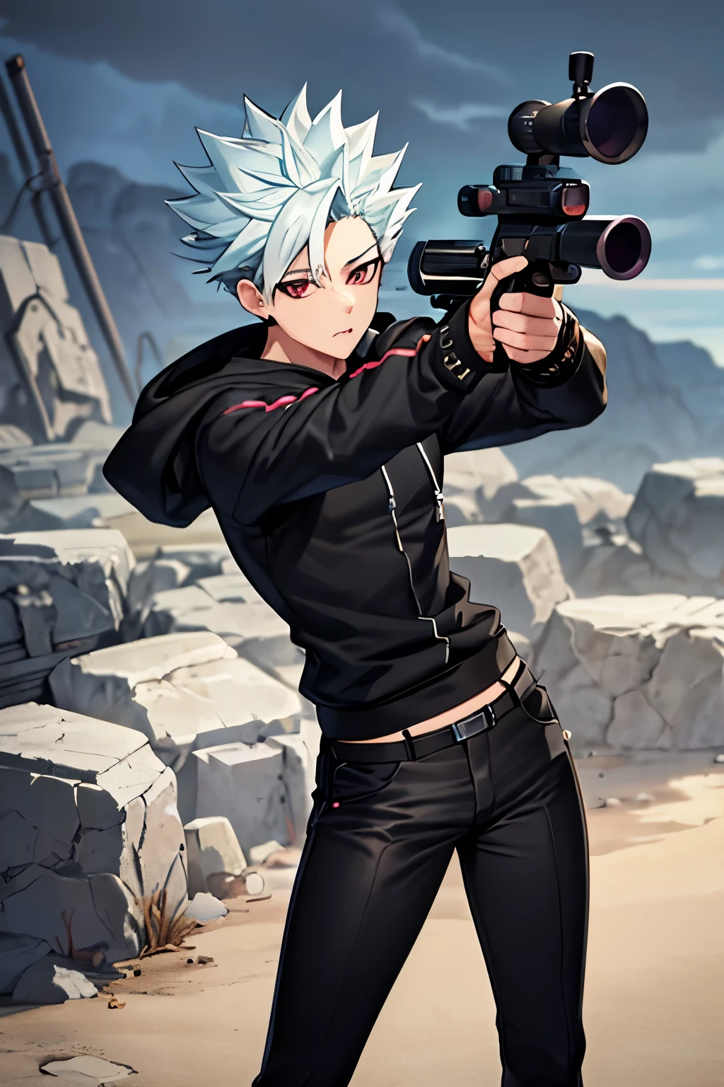 masterpiece, best quality, stand,Holding the sniper, aim at the viewer,ultra-detailed, illustration, 1boy, solo, male focus,black hoodie,black trousers, looking at viewer, , , ban_nanatsu_no_taizai, , , 