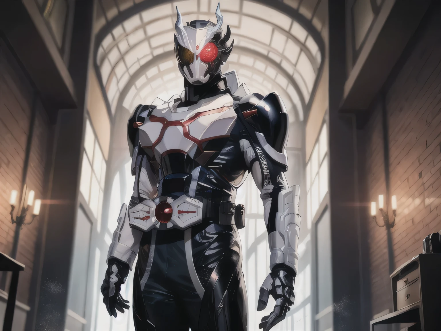 (extremely detailed CG), (best quality), male focus, 1boy, muscular, biceps, , ArkOne,gloves,black bodysuit,bodysuit,rider belt, armor,belt, horns, shoulder armor, side view, looking at viewer,evil smile,helmet,mask, clenched hands, indoors, glowing red eyes,