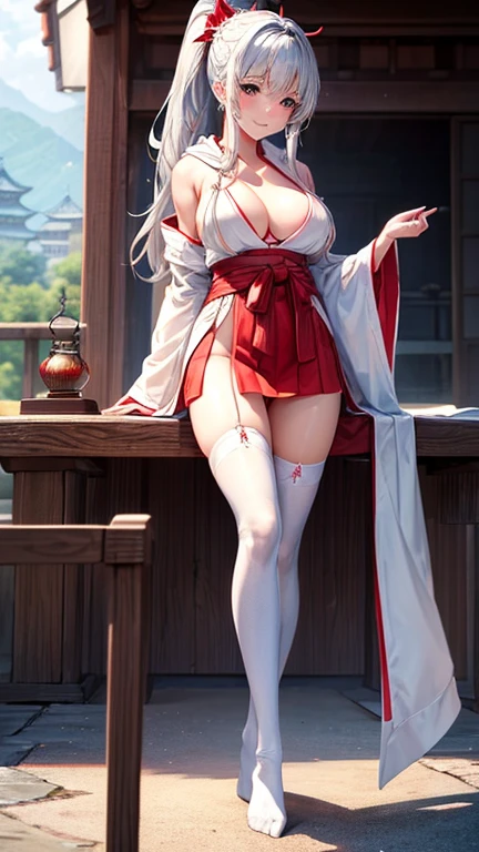 ((highest quality、High resolution、8K、masterpiece:1.3))、(Detailed background: Japanese castle), dynamic angle、I can see the whole body、wallpaper、1 girl、unparalleled beauty、ultimate beauty、super detailed face、delicate eyes、smile shyly、sexy look, looking at the camera、Red scarf, backless skirt, Depth of bounds written、light particles、side light、ponytail、silver hair、shrine maiden、shrine maiden服、shrine maiden costume、white kimono, white hoodie、red hakama, Exposed white panties, cute panties:2, Exposed breasts、huge breasts:1.8、cleavage、Thighhighs、thighs、slim、slender,