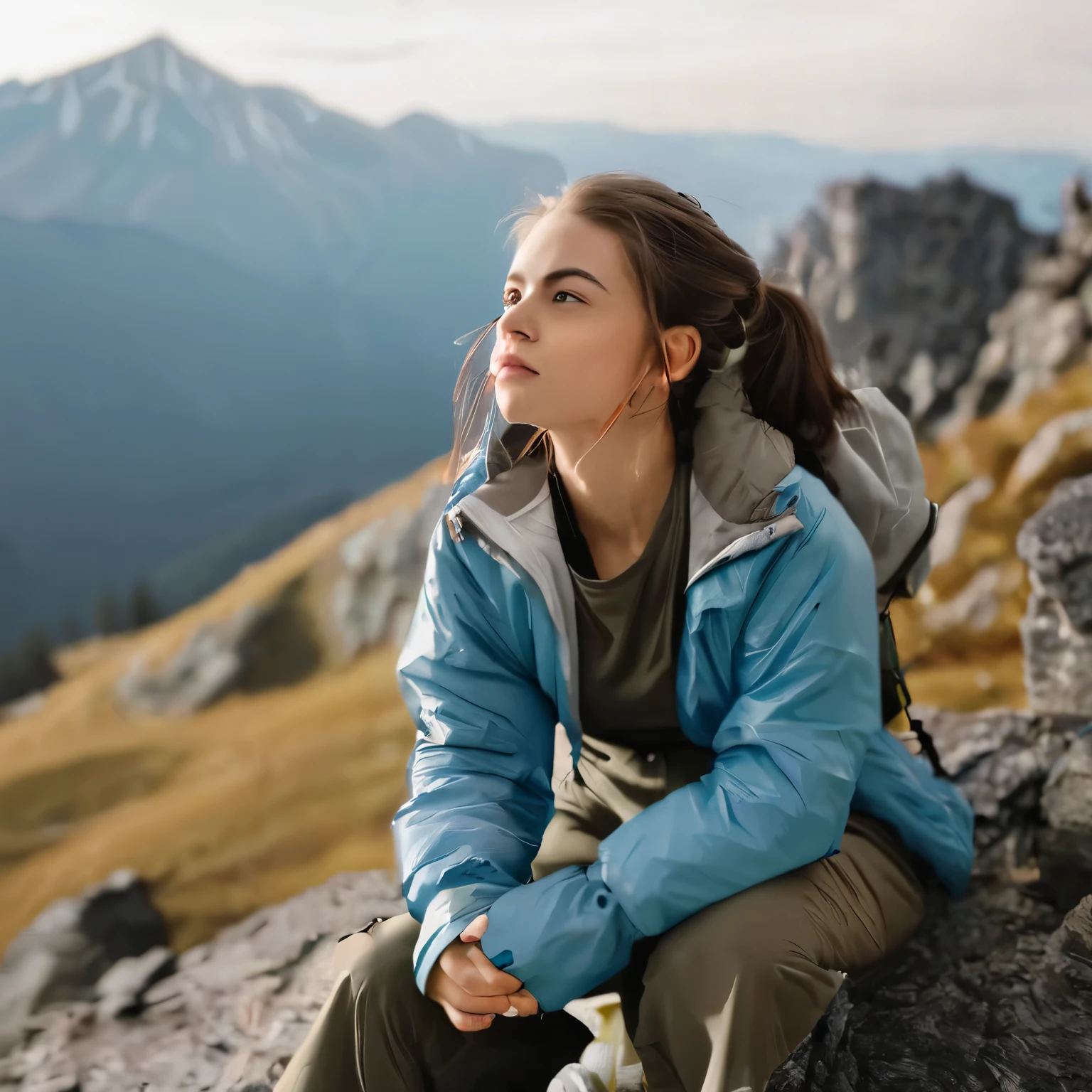 certain, This is how a scene with a young woman in a hiking outfit is described on the top of a mountain., looking into the distance