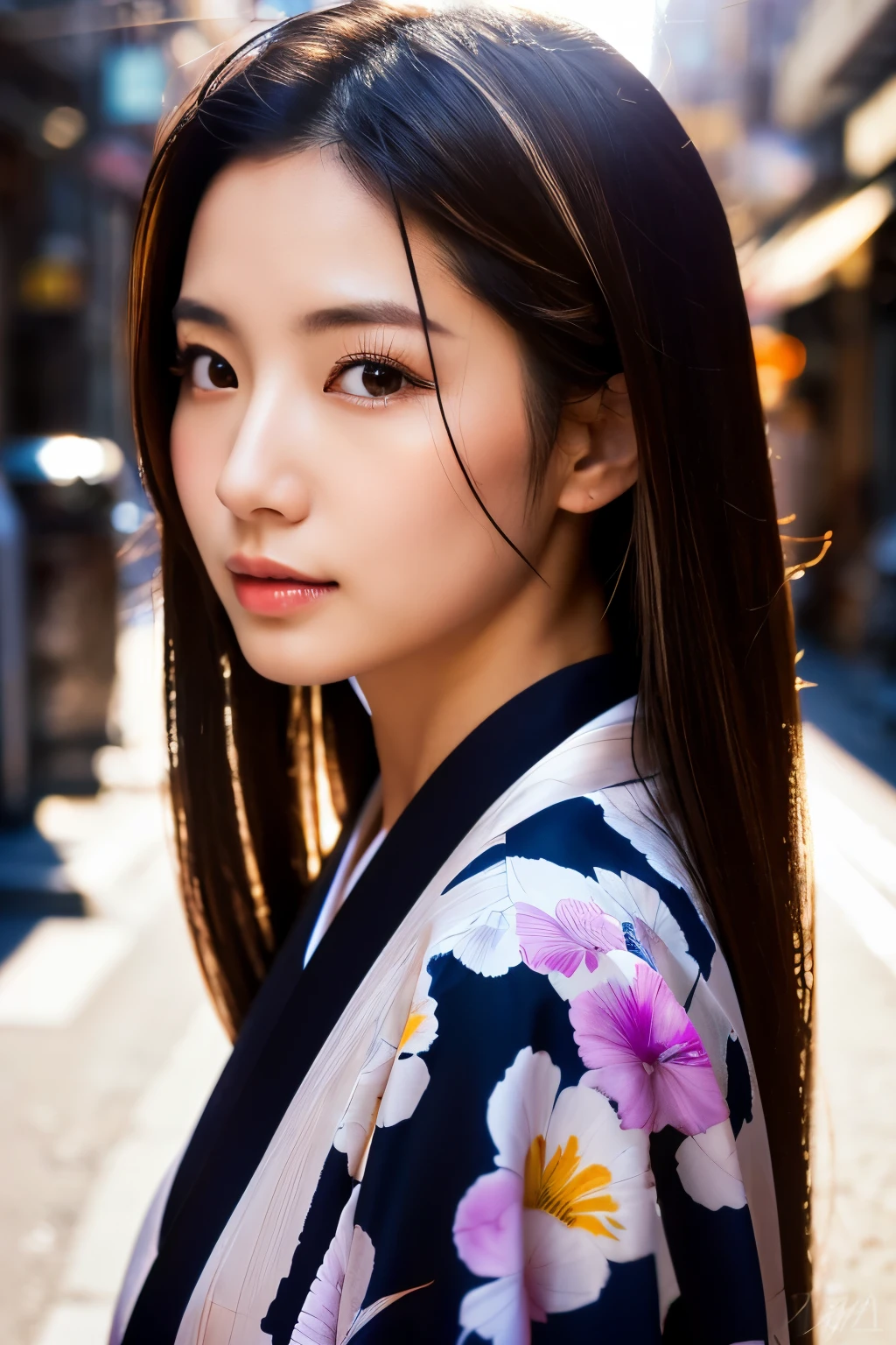 Beautiful Japanese supermodel woman, A lock of hair with slight highlights, black eyes, Sexy，street background，Gorgeous kimono , Liquid color flows across her face, Shooting against the light，Perfect facial lighting，mixed media