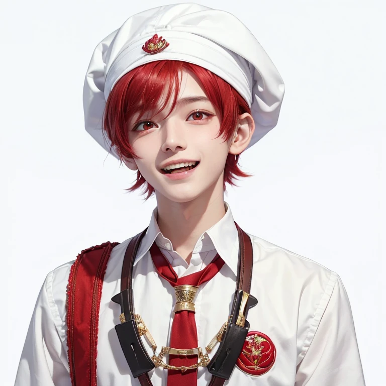1 boy, , ((wearing a white Arabic sorban), (red hair), (red eyes), (happy facial expression, laughing)),((memakai baju sekolah),memakai dasi warna merah)), (white background)