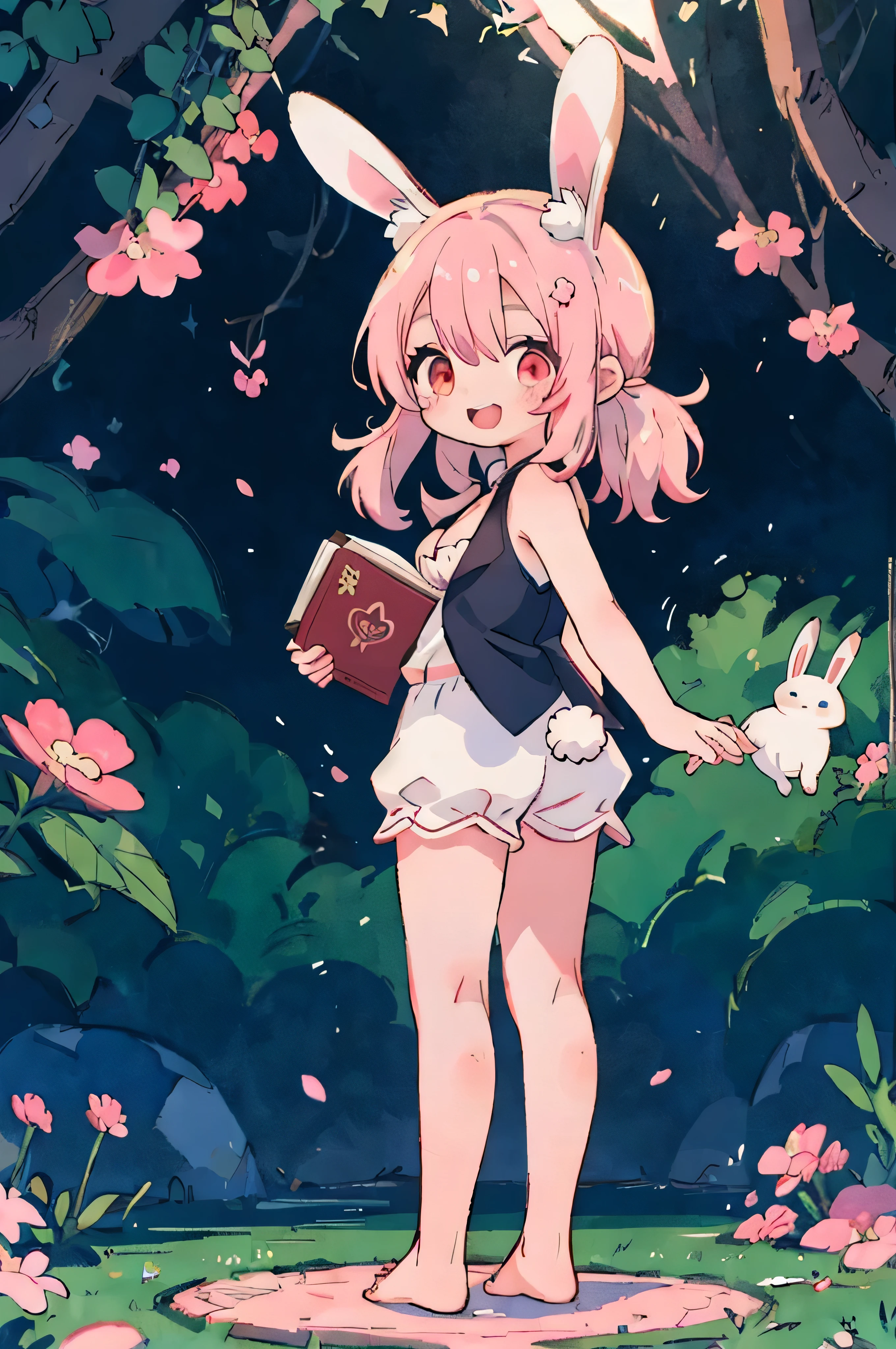 1 girl, long hair, straight, pink hair,pink bunny ears, animal ear fluff, red eyes、another world, cherry blossoms, Bunny girl, portrait, high contrast, official art、smile、seems to be happy、smile、highest quality, High resolution、beautiful hair details,masterpiece,highest quality,((place your hands behind your back)),fine eyes,fine skin,lean against the wall,cinematic lighting,written boundary depth,cute, feet２Book、arm２Book,　eye for fine details, (anime, 8K, masterpiece, highest quality, highest quality, beautiful and aesthetic, professional illustration, Super detailed, perfect lighting, perfect shading, Perfect sharpness),Day Book、It is said that problem children come from another worlds.？ Black rabbit、playing cards、jumping、Big eyes、big breasts、I can see the cleavage、black vest、red underwear、mouth open with smile、playing cardysterious light particle effect,Manga influence, beautiful line drawing,perfect design,award winning art,in the atmosphere