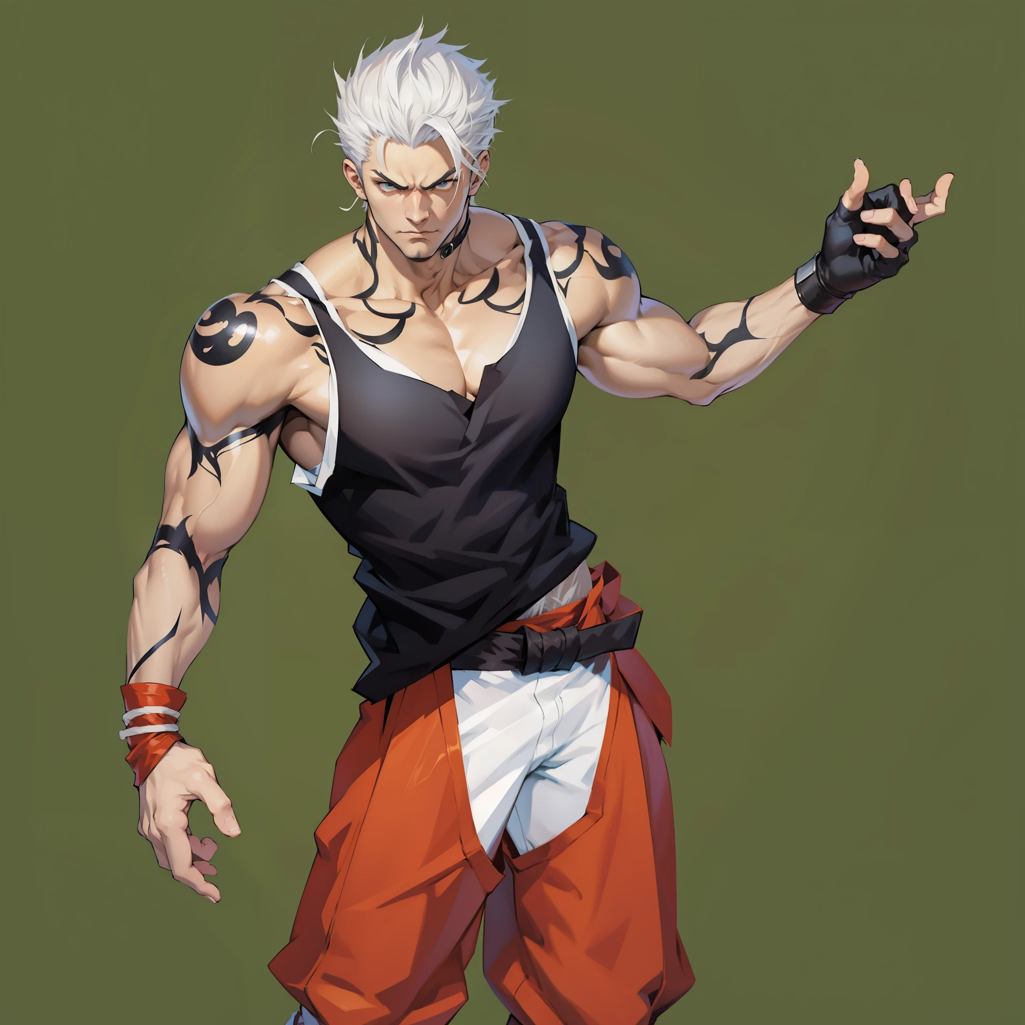 Close-up of a man with white hair and black vest, Characters in The King of Fighters, fighting game characters, As a character in Tekken, Japanese role playing game characters, Male anime characters, character artwork, Japanese role playing game characters art, beef patty pose, king of fighters style, human male character art, fighting stance, official character art, Handsome anime poses