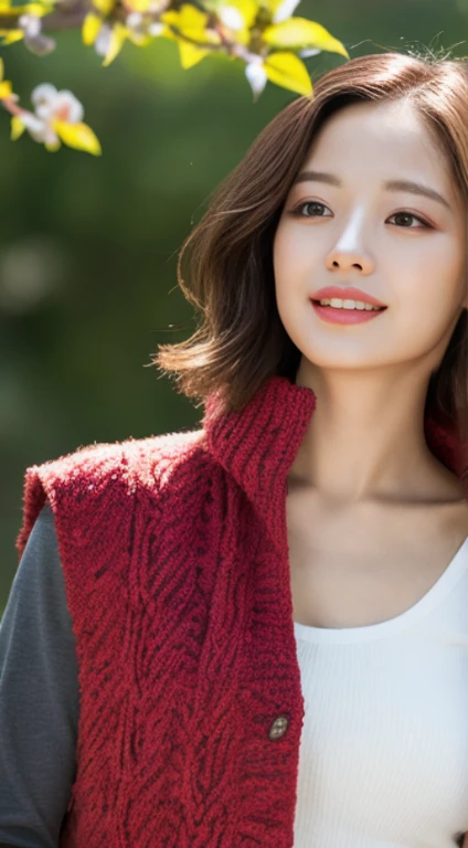 Cherry tree、Long Gilet、open chest、I'm not wearing anything inside、whole body、NiziUAYAKA、 4K、1people's women、slender、 Loose wavy styling 、seductive and attractive、Including face and skin texture.,detailed eyes、A soothing expression with a smile