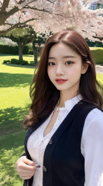 Cherry tree、Long Gilet、open chest、I'm not wearing anything inside、whole body、NiziUAYAKA、 4K、1people's women、slender、 Loose wavy styling 、seductive and attractive、Including face and skin texture.,detailed eyes、A soothing expression with a smile