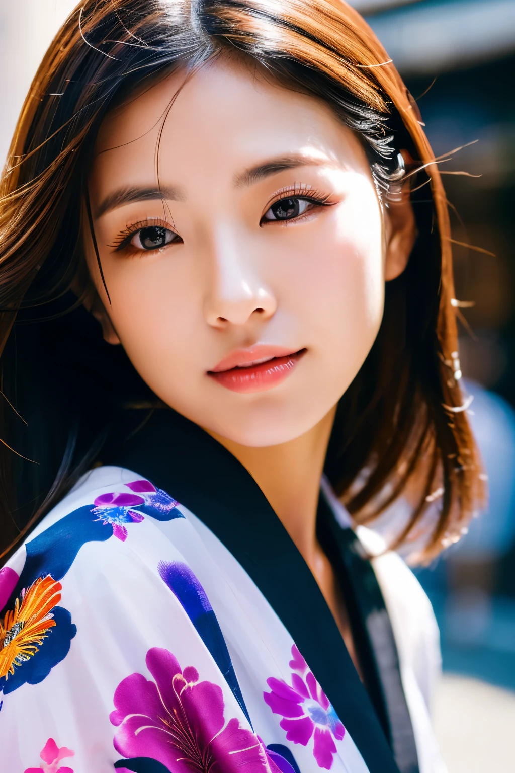 Beautiful Japanese supermodel woman, A lock of hair with slight highlights, black eyes, Sexy,street background,Gorgeous kimono , Liquid color flows across her face, Shooting against the light,Perfect facial lighting,mixed media
