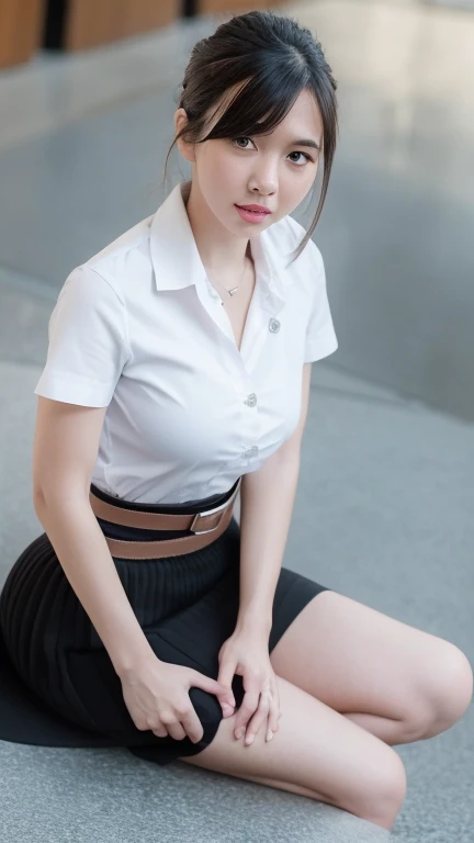 (8k, best quality, masterpiece, ultra highres:1.2) Photo of Pretty thai woman beautiful, beautiful enchanting fashion contemporary painting with , (1girl), (white shirt short sleeves), ((black pencil skirt)), belt, ((hand down)) , short hair , , realistic skin textur e, (nudity), round chin, 85 mm art lens, f 1. 2, sharp focus, 8 k high definition, insanely detailed, intricate, elegant, large breasts, black skirt