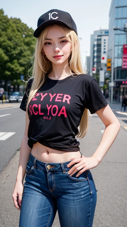 ((cool smile))、Stick your right arm out towards the camera and make a peace sign with your right hand、((whole body)), ((cool standing pose)), ((Cool expression)), ((masterpiece:1.1, highest quality:1.1, 32K HDR, High resolution)), (1 girl, alone), (ultra-realistic portrait:1.1, 10 year old beautiful girl), (Wearing a black T-shirt and jeans:1.2,Wearing a black baseball cap、black gloves、blonde、straight hair、porcelain skin、long hair), highly detailed face, fine eyes, realistic skin texture, Detailed description of the skin,American、((13 years old))、((primary school student))、((childish body)), ((flat chest)), (((Background of the near future、city、cyber city,neon)))