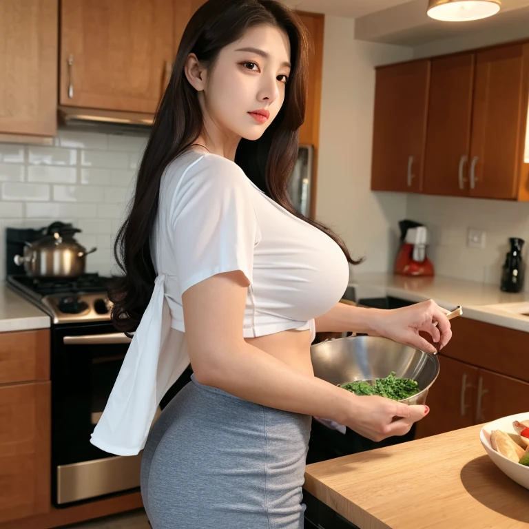 Super-detailed, 8k HD, Korean, 1 girl, solo, long dark hair, beautiful and perfect figure, detailed hand and face, busty body, curvy body, big breast, large butt, lean abs, shirt, blouse, long pants, cooking in the kitchen by herself