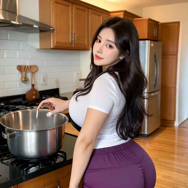 Super-detailed, 8k HD, Korean, 1 girl, solo, long dark hair, beautiful and perfect figure, detailed hand and face, busty body, curvy body, big breast, large butt, lean abs, shirt, blouse, long pants, cooking in the kitchen by herself