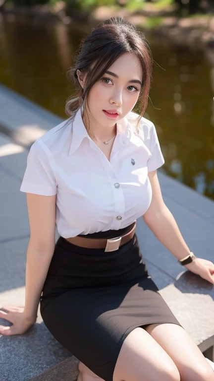 (8k, best quality, masterpiece, ultra highres:1.2) Photo of Pretty thai woman beautiful, beautiful enchanting fashion contemporary painting with , (1girl), (white shirt short sleeves), ((black pencil skirt)), belt, ((hand down)) , short hair , , realistic skin textur e, (nudity), round chin, 85 mm art lens, f 1. 2, sharp focus, 8 k high definition, insanely detailed, intricate, elegant, large breasts, black skirt
