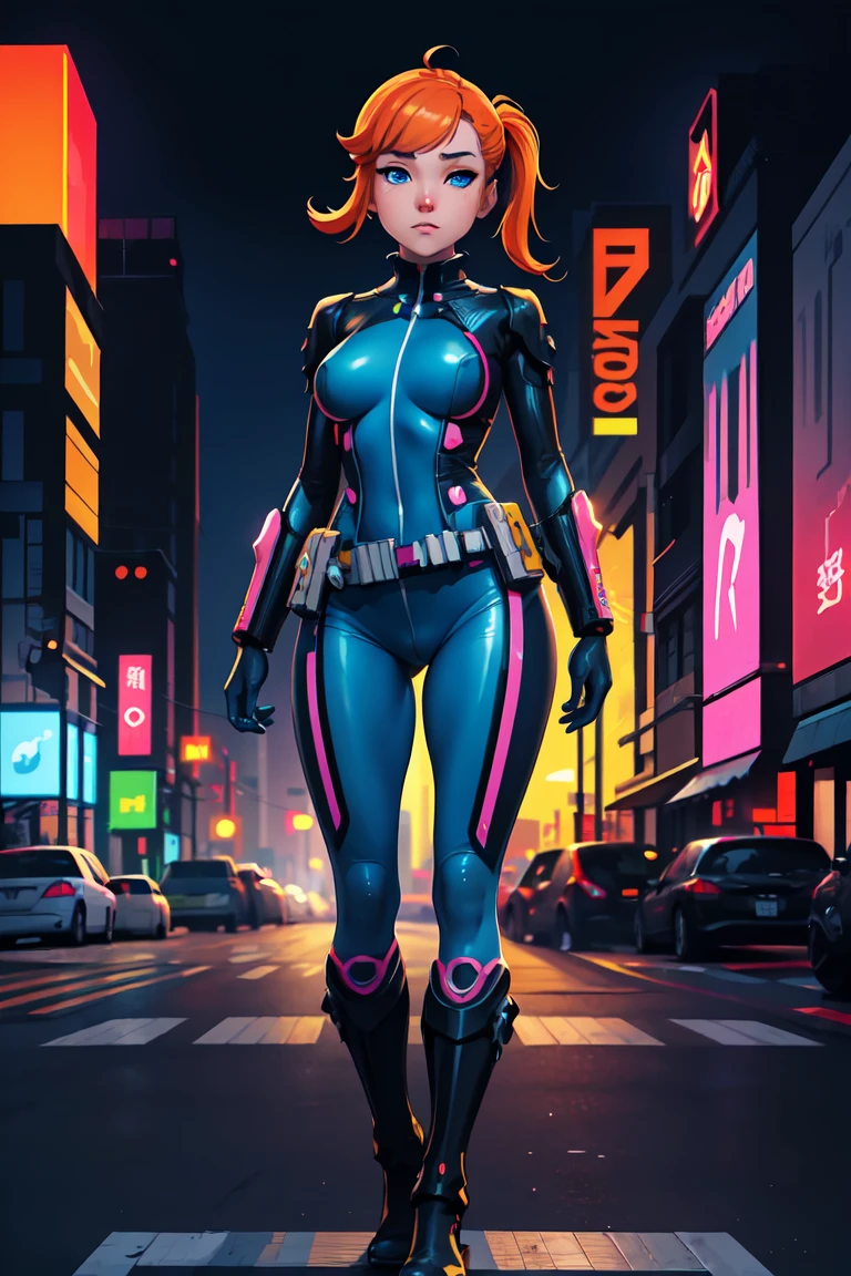 hd masterpiece, anime girl, 1girl ((32year old, dressed in a tight futuristic sci-fi bodysuit, utility belt, boots, medium breasts, short orange hair, pony tail styled hair, perfect model body:1.3, detailed blue eyes:1.5, standing the streets of a cyberpunk city with futuristic technology in the background:1.5)) inspired by Yuumei, dreamy cyberpunk girl, anime cyberpunk art, digital cyberpunk - anime art, cyberpunk anime girl, by Yuumei, digital cyberpunk anime art, cyberpunk, cyberpunk anime art, cyberpunk vibe, cyberpunk art style ((solo:1.6))