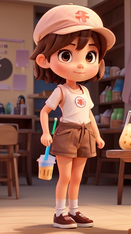 1girl, small breasts, drinking_straw,, brown_hair, short_hair, solo, disposable_cup, bubble_tea, cup, drink, bubble_tea_challenge, photo_\(medium\), brown_eyes, looking_appearance, bob_cut, off_shoulders, drink, nurse, upper body, hat