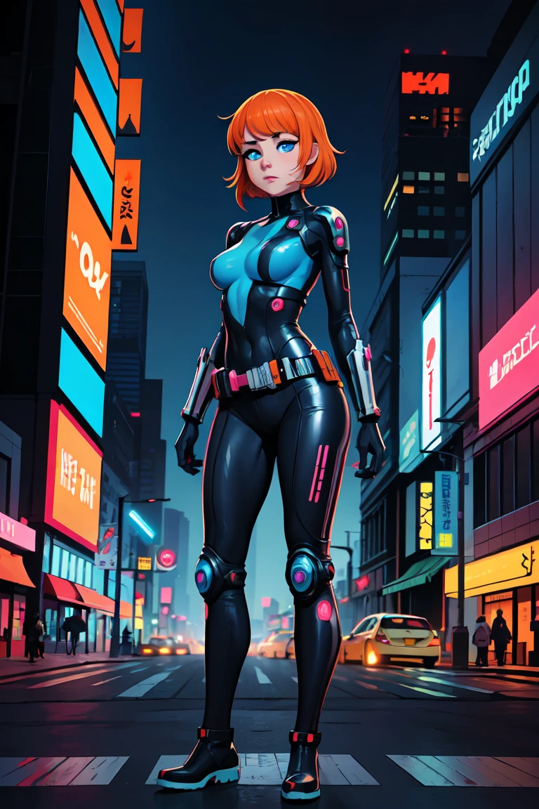 hd masterpiece, anime girl, 1girl ((32year old, dressed in a tight futuristic sci-fi bodysuit, utility belt, boots, medium breasts, short orange hair, perfect model body:1.3, detailed blue eyes:1.5, standing the streets of a cyberpunk city with futuristic technology in the background:1.5)) inspired by Yuumei, dreamy cyberpunk girl, anime cyberpunk art, digital cyberpunk - anime art, cyberpunk anime girl, by Yuumei, digital cyberpunk anime art, cyberpunk, cyberpunk anime art, cyberpunk vibe, cyberpunk art style ((solo:1.6))