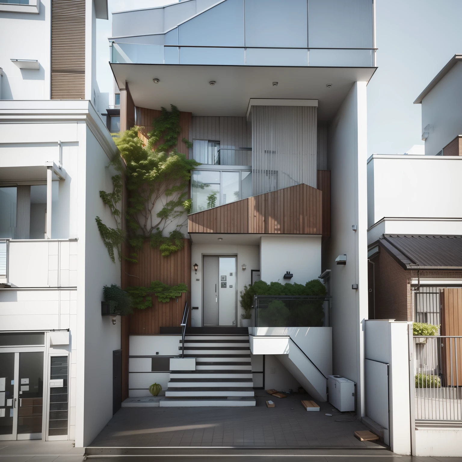 rendering of a modern house with a staircase leading to a balcony, architectural concept, concept house, exterior design, residential design, architectural concepts, realistic concept, architecture concept, architectural render, complex 3d render, complex 3 d render, overall architectural design, conceptual, architectural 3 d render, modern lush condo as shopfront, hq very detailed, residential, architecture render