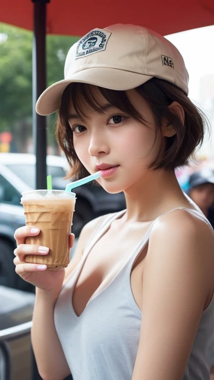 1girl, small breasts, drinking_straw, brown_hair, short_hair, solo, disposable_cup, bubble_tea, cup, drink, bubble_tea_challenge, photo_\(medium\), brown_eyes, looking_appearance, bob_cut, off_shoulders, drink, nurse, upper body, hat