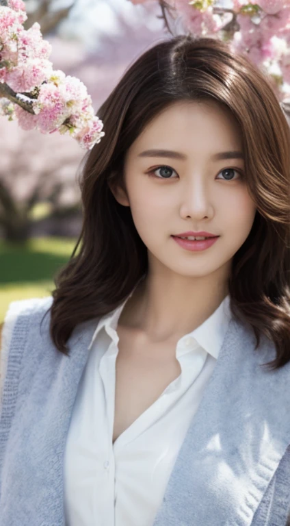 Cherry tree、Petals flutter、Long Gilet、open chest、I'm not wearing anything inside、whole body、NiziUAYAKA、 4K、1people's women、slender、 Loose wavy styling 、seductive and attractive、Including face and skin texture.,detailed eyes、A soothing expression with a smile