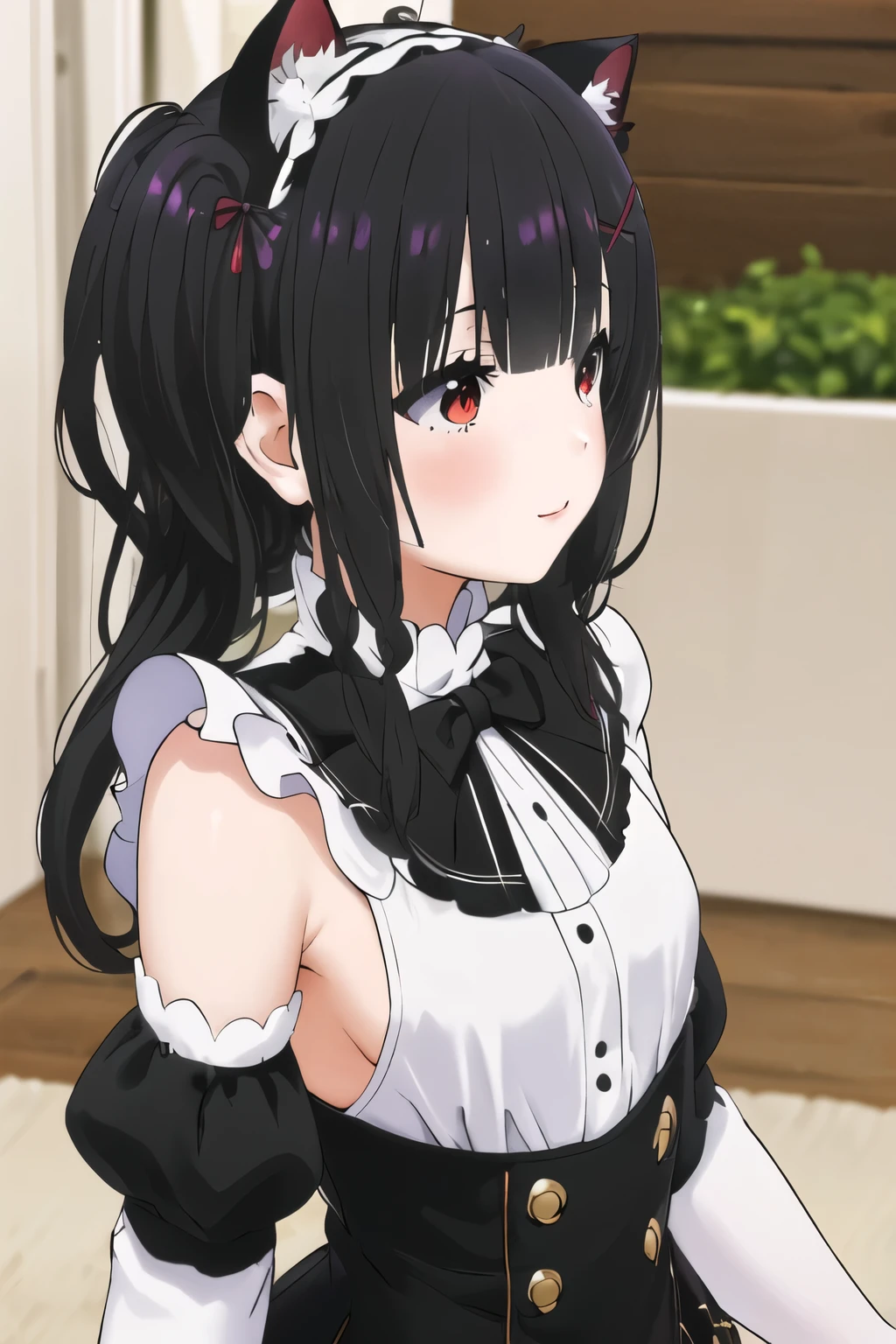 obra maestra, Mejor calidad, high resolution, Aarem, ,((long hair slightly wavy slightly past the shoulders, black bangs, small black pigtails on the sides, cute cat ears, beautiful thin red eyes)),, maid headvestido, x adorno para el cabello, Cinta para el pelo, pelo sobre un ojo, pechos grandes, volantes, cinta para el cuello, escote, vestido, mangas separadas, delantal blanco, delantal de cintura, pantimedias blancas, de pie, tiro de vaquero, sonrisa, adentro, brazos, mano entre las piernas,