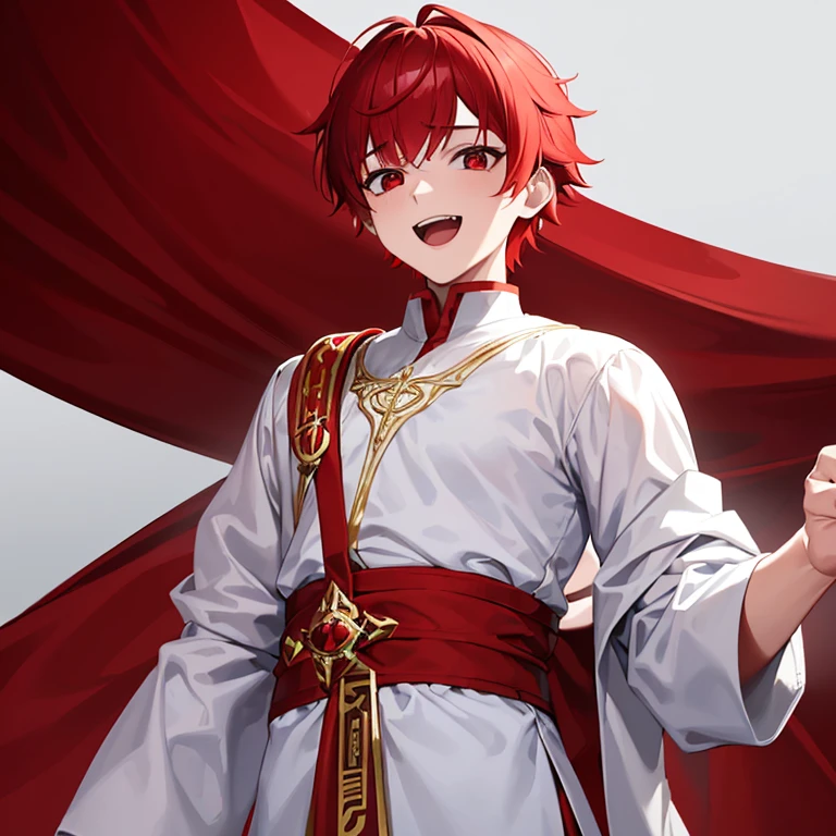 1 boy, 15 years old, ((wearing a white Arabic sorban), (red hair), (red eyes), (happy facial expression, laughing)),((memakai baju sekolah),memakai dasi warna merah)), (white background)