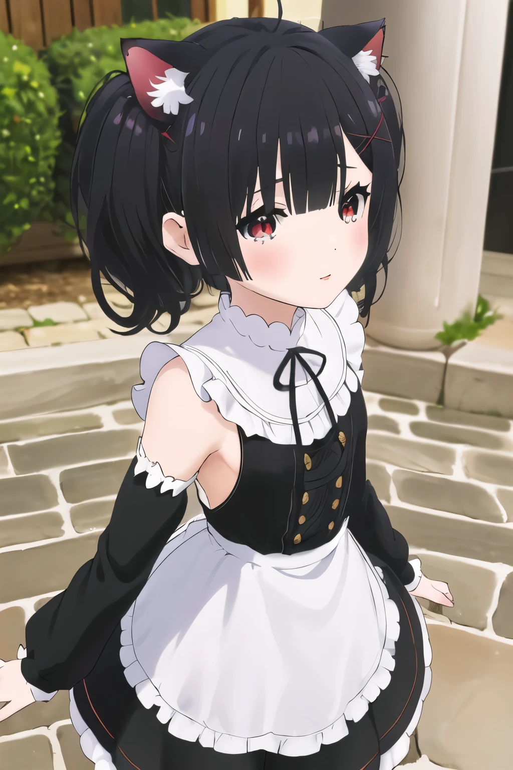 obra maestra, Mejor calidad, high resolution, Aarem, ,((long hair slightly wavy slightly past the shoulders, black bangs, small black pigtails on the sides, cute cat ears, beautiful thin red eyes)),, maid headvestido, x adorno para el cabello, Cinta para el pelo, pelo sobre un ojo, pechos grandes, volantes, cinta para el cuello, escote, vestido, mangas separadas, delantal blanco, delantal de cintura, pantimedias blancas, de pie, tiro de vaquero, sonrisa, adentro, brazos, mano entre las piernas,