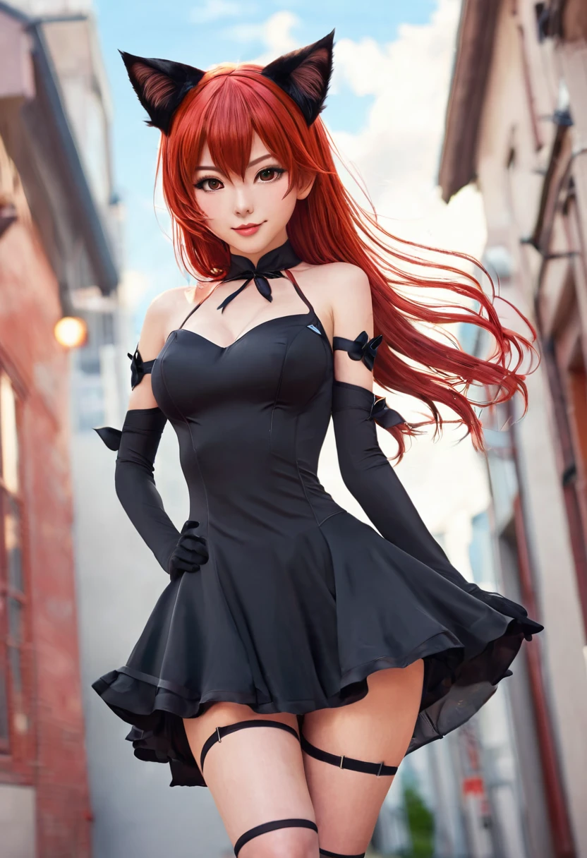 Cute, anime cat woman, red hair, long hair, long legs, anime cat ears, cat girl, beauty dress