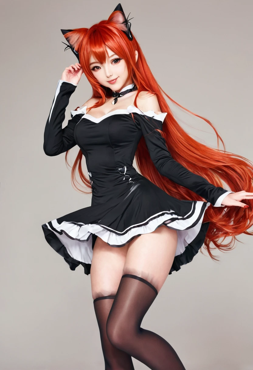 Cute, anime cat woman, red hair, long hair, long legs, anime cat ears, cat girl, beauty dress