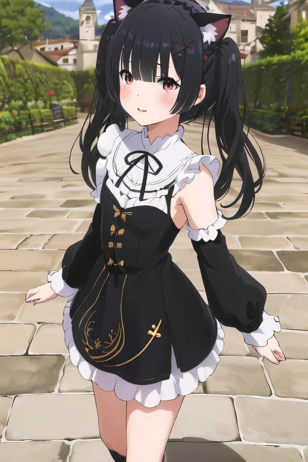 obra maestra, Mejor calidad, high resolution, Aarem, ,((long hair slightly wavy slightly past the shoulders, black bangs, small black pigtails on the sides, cute cat ears, beautiful thin red eyes)),, maid headvestido, x adorno para el cabello, Cinta para el pelo, pelo sobre un ojo, pechos grandes, volantes, cinta para el cuello, escote, vestido, mangas separadas, delantal blanco, delantal de cintura, pantimedias blancas, de pie, tiro de vaquero, sonrisa, adentro, brazos, mano entre las piernas,