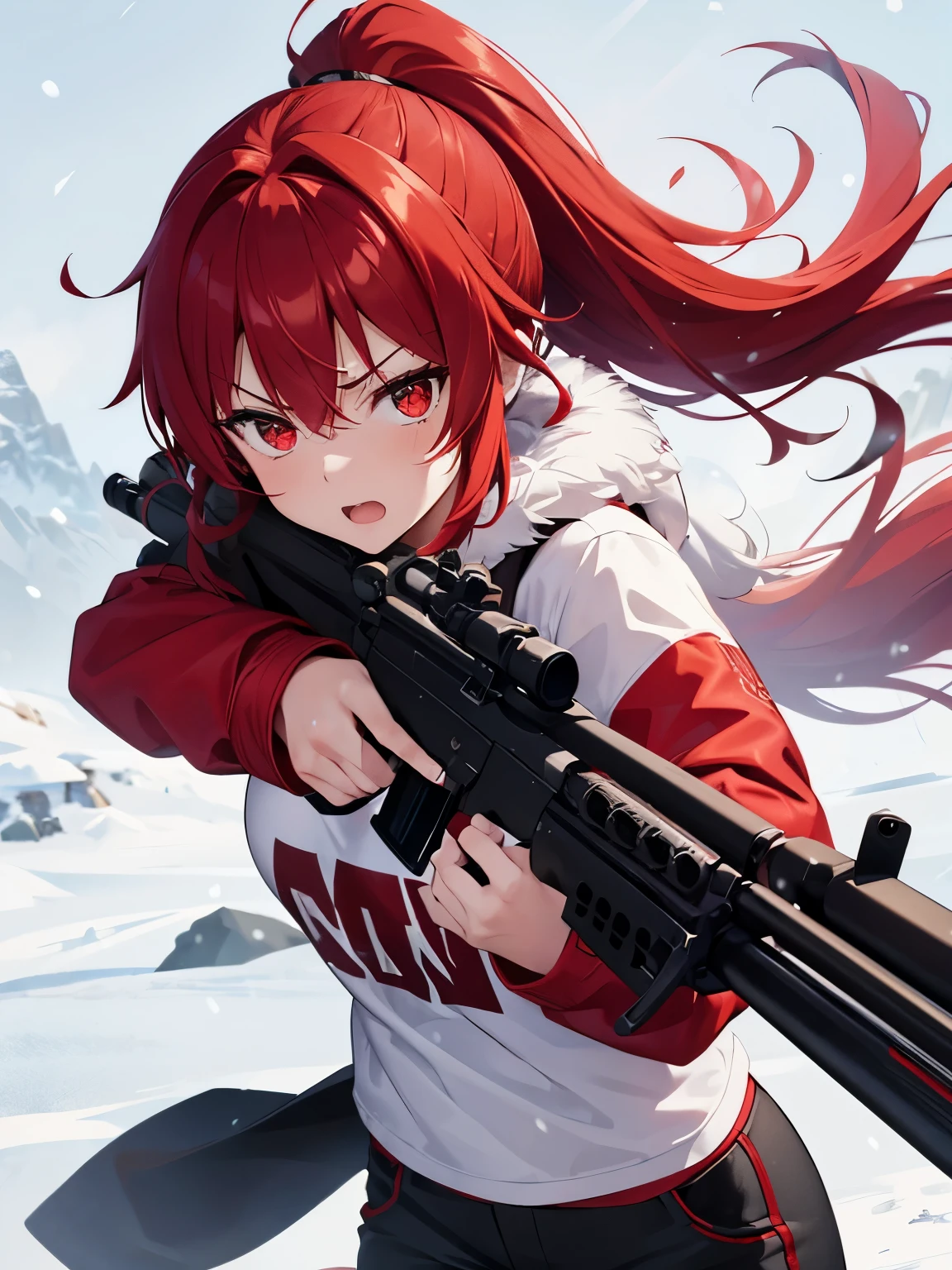 1 girl,Red hair,,red eyes,Holding a sniper, aim at the viewer, angry expression,Wearing a red fur jacket, medium hair,ponytail, standing,snowing, strong wind, at the north pole, white t-shirt, long black trousers