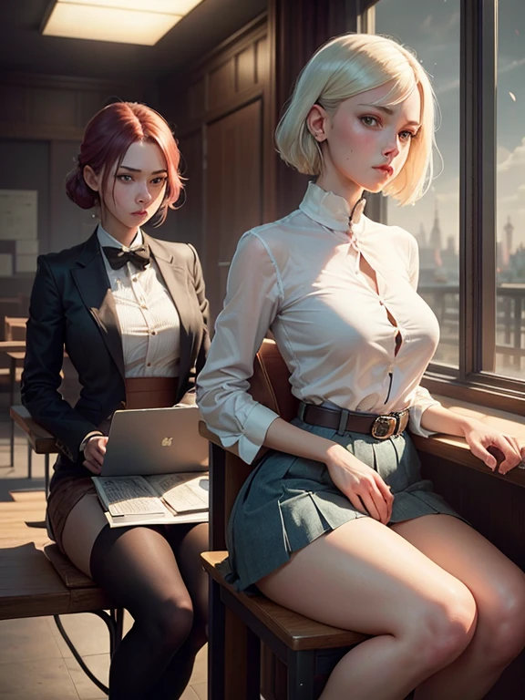 UHD, 8K, 超现实主义, 浅棕色头发,(RAW photo, best quality), (realistic, photo-realistic:1.3), masterpiece, an extremely delicate and beautiful, extremely detailed, CG, unity , 2k wallpaper, Amazing, finely detail, light smile, extremely detailed CG unity 8k wallpaper, huge filesize, ultra-detailed, highres, absurdres, soft light, (((short hair:1.3), short bang, silver hair, floating hair novafrogstyle)), beautiful detailed girl, detailed fingers, extremely detailed eyes and face, beautiful detailed nose, beautiful detailed eyes, long eyelashes, light on face, looking at viewer, (closed mouth:1.2), 1girl, cute, young, mature face, (full body:1.3), (medium breasts), realistic face, realistic body, beautiful detailed thigh, (ulzzang-6500-v1.1:0.8), business suit, cross-laced clothes, collared shirt, open clothes, in office, detailed office, open cardigan, black thighhighs, miniskirt, black underwear, unbuttoned shirt,