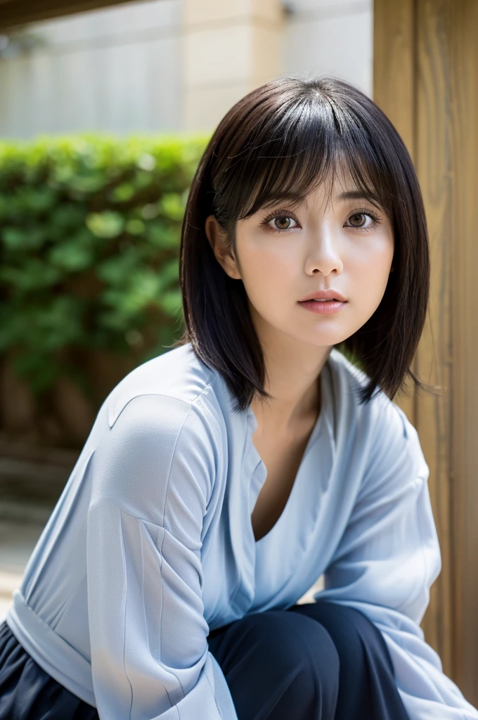 (8K、top-quality、​masterpiece:1.2)、(reallistic、photorealistic:1.2)（ultra-detailliert、hight resolution）(Slouched:1.3)、crouching down、(From  above:1.2)、（Kamimei）（Looking up）（Home front door）（Cut and sewn with loose chest area）Black business suit、OL、insurance sales girl、Smirk,Alafed Girl, chiho, iwakura lain, Close up iwakura lain, With short hair, Shiori Teshirogi, Kotegawa Yui, short-cut, She is 40 years old, sui ishida with black hair, lain iwakura, Beautiful woman - well-groomed face, Clear pubic contours,(Small breasts), hight resolution, ighly detailed, top-quality, [​masterpiece:1.6],, ighly detailed, nffsw, finely detail, top-quality, , Cinematographic lighting, 1womanl、beautiful japanese female、perfect body type、, Beautiful big eyes with sexy droopy eyes、Transcendent beauty　top-quality、​masterpiece、majicMIX Real、(Raw photography:1.2)、(photorealistic:1.4)、Negative Prompt