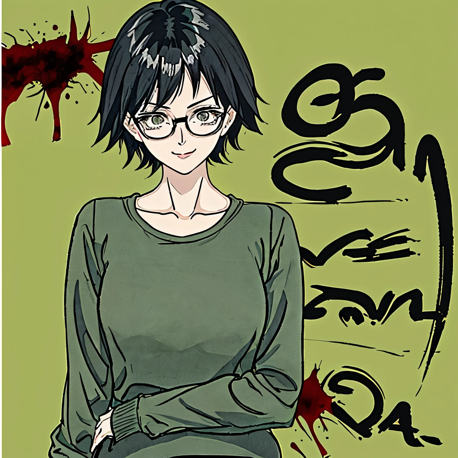 Anime woman flat chested. She is wearing a sage green sweater and dark grey jeans. She has short black messy hair and wears glasses. Her eyes are black and she’s smiling nervously. The background is the front office of a motel she owns, there is a bit of blood in the background.