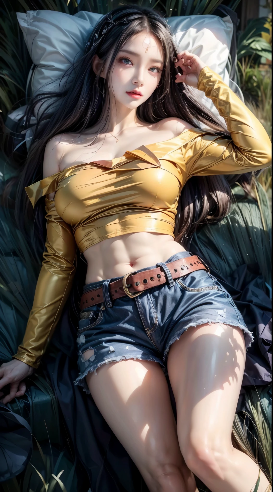 realistic, 1gril, per HD, 12k, wearing Allstars shoes, slim body, rather big body, six pack body, big round breasts, no clothes, beautiful breasts, looking at the camera, sitting on the sofa, long black hair, facial details, detailed person, body details, clothing details, hair details, body details, body details, breast details, vagina details, clothes, eye details, sweat details, water details, pose (knees bent and legs wide apart) whole body