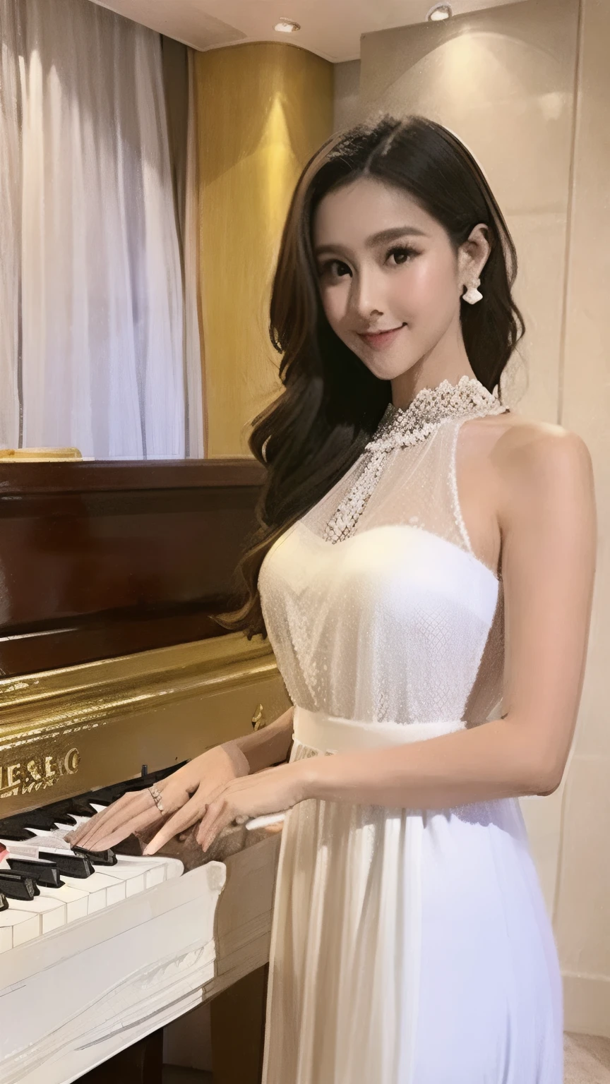 (masterpiece, best quality:1.2), 1girl, solo a woman in a white dress standing next to a piano, translucent dress, sexy gown, wearing a nightgown, fantasy long intricate gown, long luxurious gown, see through dress, dressed beautiful gown, wearing stunning ivory dress, romantic gown, translucent silky dress, ethereal beauty, stunning ivory dress, ornate flowing robe, nightgown, very ethereal, ethereal and dreamy