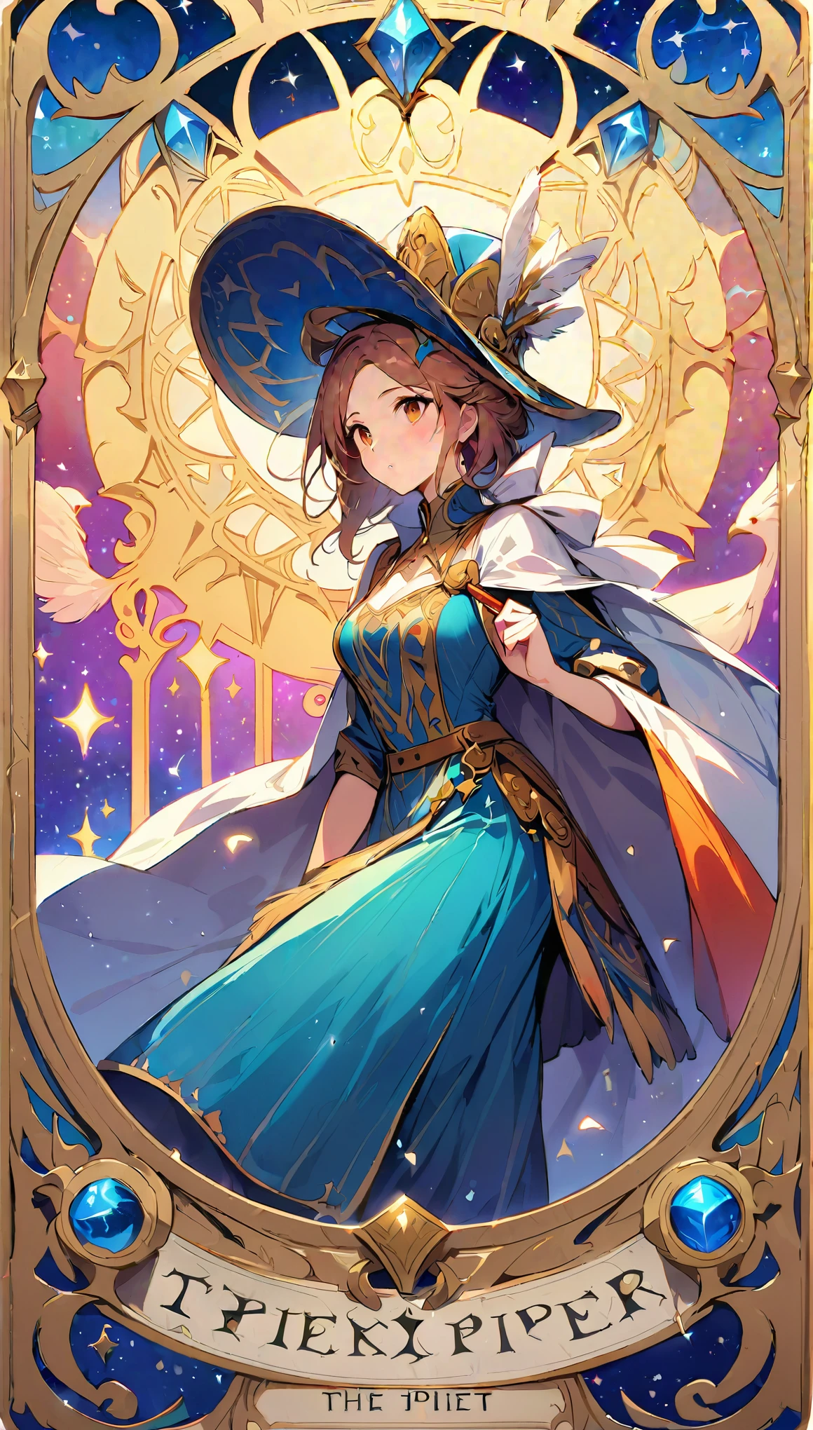 The Pied Piper Tarot, A Pied Piper in vibrant costume，Wearing a tall feathered hat and a flowing cloak。use blue、Painted in pink and gold tones。 The overall tone of the image is rich and vibrant，Vivid colors highlight the magical atmosphere。 This prompt combines the magic of the Piper&#39;s story with the exquisite art of the Tarot。The resulting image will be a stunning masterpiece，Talents and skills that truly reflect the stable diffusion model。