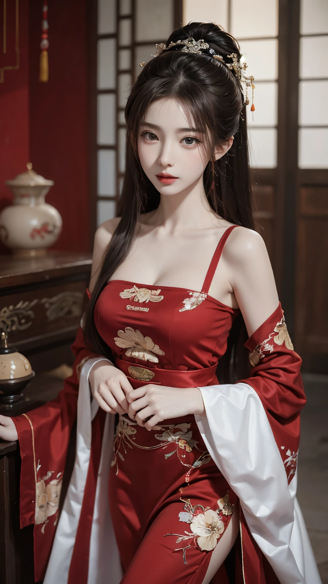 Close-up of a woman in a red dress posing for a photo, beautiful south korean woman, beautiful young korean woman, gorgeous young korean woman, korean girl, beautiful asian girl, Asian girl with long hair, glow red, 8k artistic german bokeh, Chinese girl, korean woman, Urzan, beautiful asian woman, Gorgeous Chinese model, high quality portraits